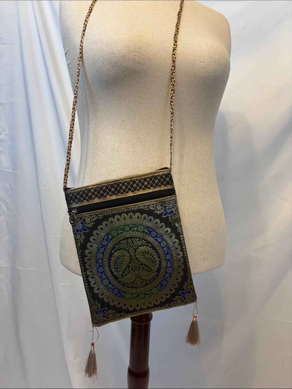 Boho Brocade Metallic Gold Peacock Crossbody Festival Bag With Tassels